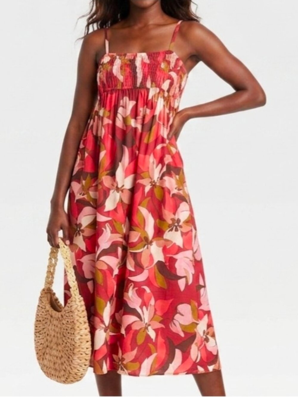 A New Day Floral Spaghetti Strap Smock Midi Sun Dress Resortwear Travel Cruise